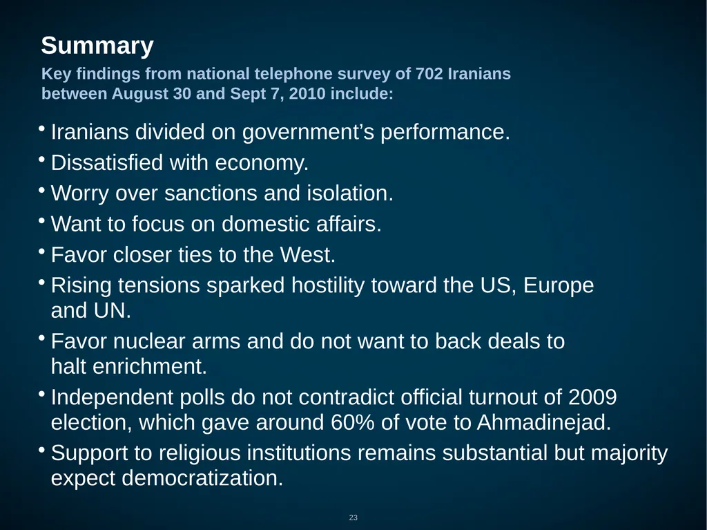 Iran: Public Opinion on Foreign, Nuclear and - slide 23 of 24
