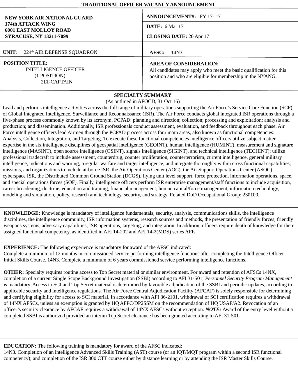TRADITIONAL OFFICER VACANCY ANNOUNCEMENT NEW YORK