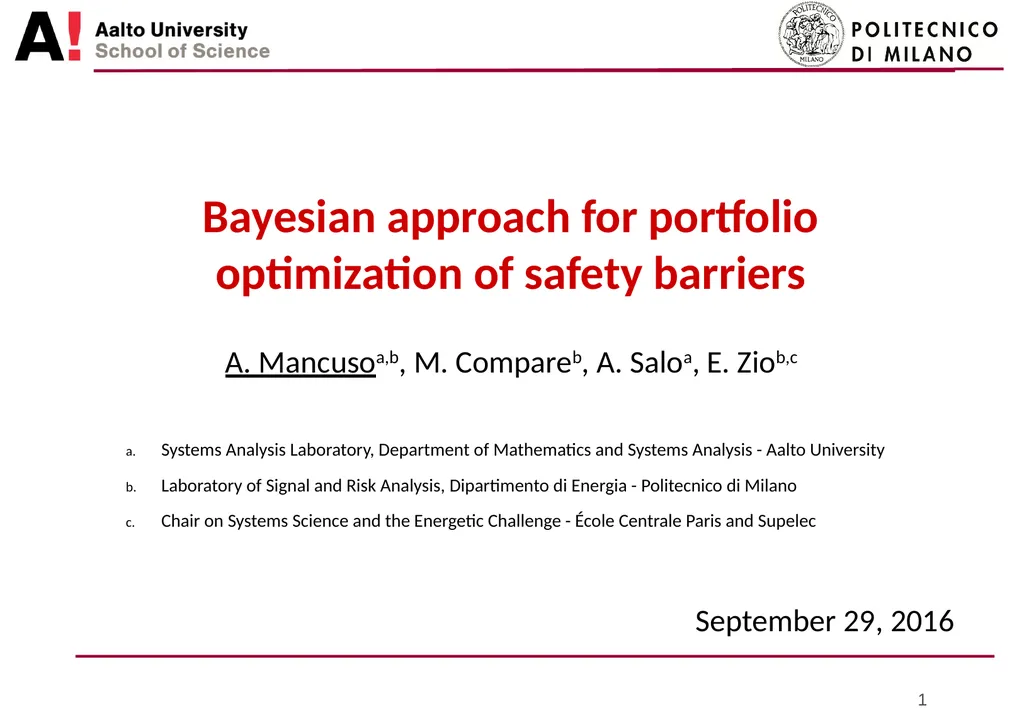 Bayesian approach for portfolio optimization of - slide 1 of 18