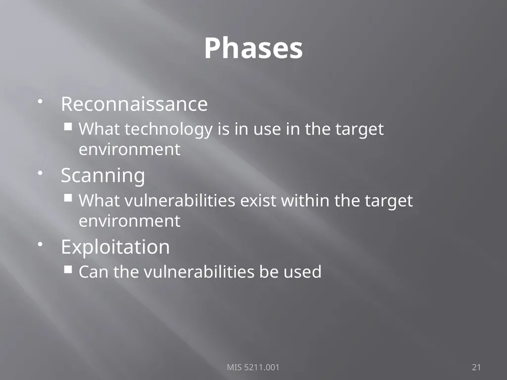 Intro to Ethical Hacking MIS 5211.001 Week 1 Site: - slide 21 of 73