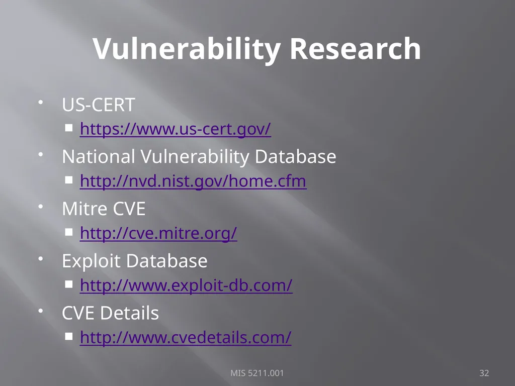 Intro to Ethical Hacking MIS 5211.001 Week 1 Site: - slide 32 of 73