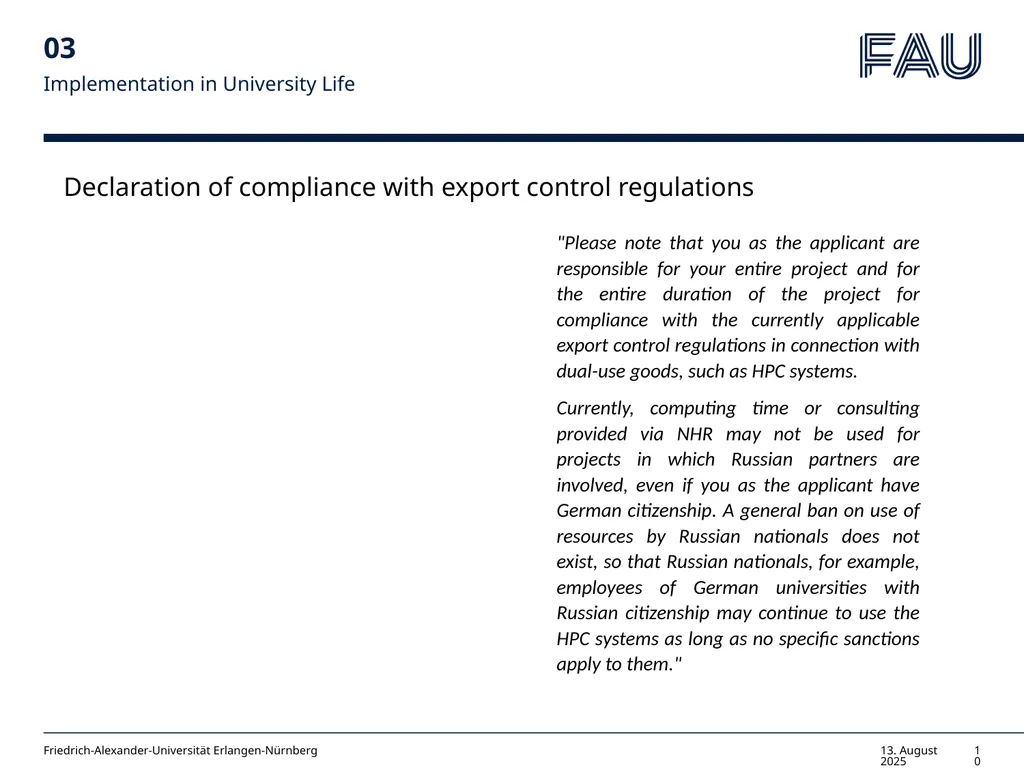 Willkommen Export Control & HPC Guidelines for PIs - slide 10 of 14