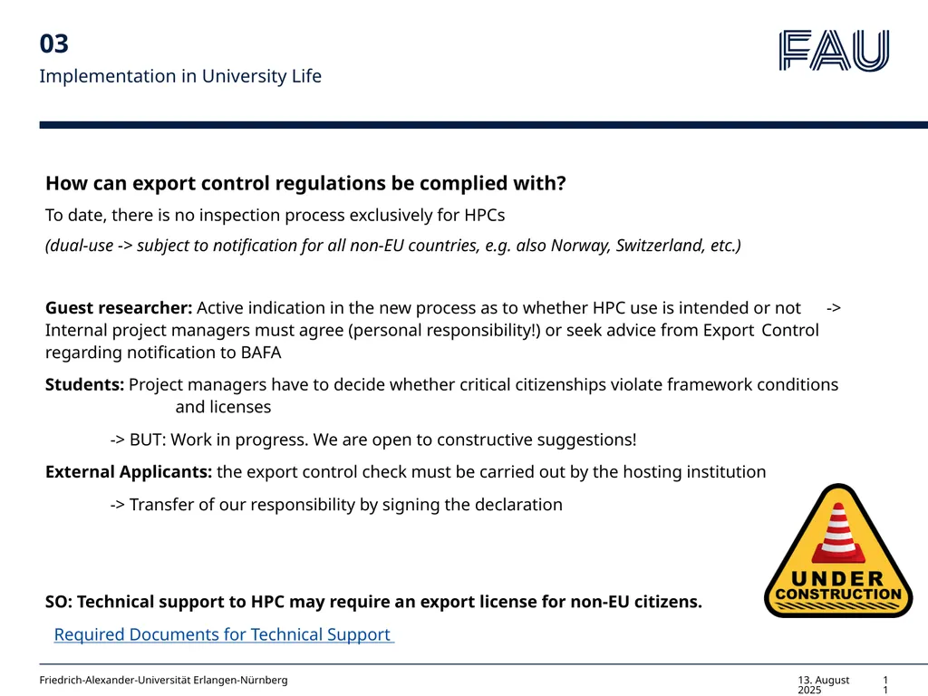 Willkommen Export Control & HPC Guidelines for PIs - slide 11 of 14