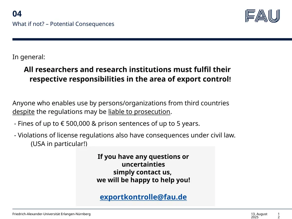 Willkommen Export Control & HPC Guidelines for PIs - slide 12 of 14