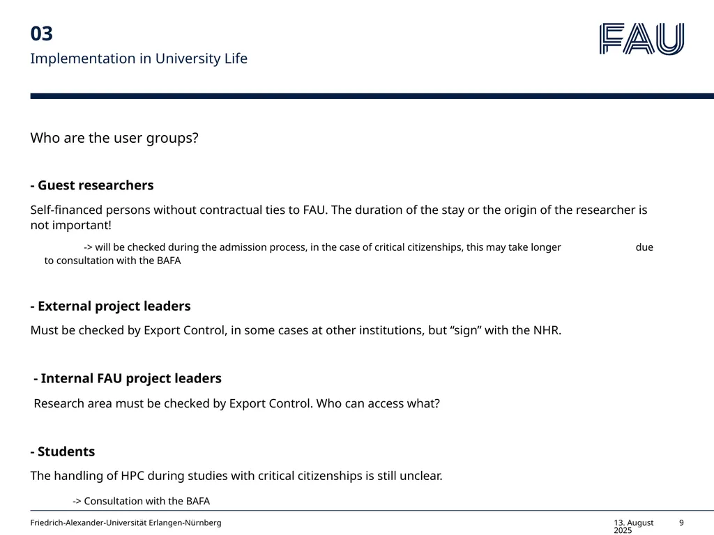 Willkommen Export Control & HPC Guidelines for PIs - slide 9 of 14