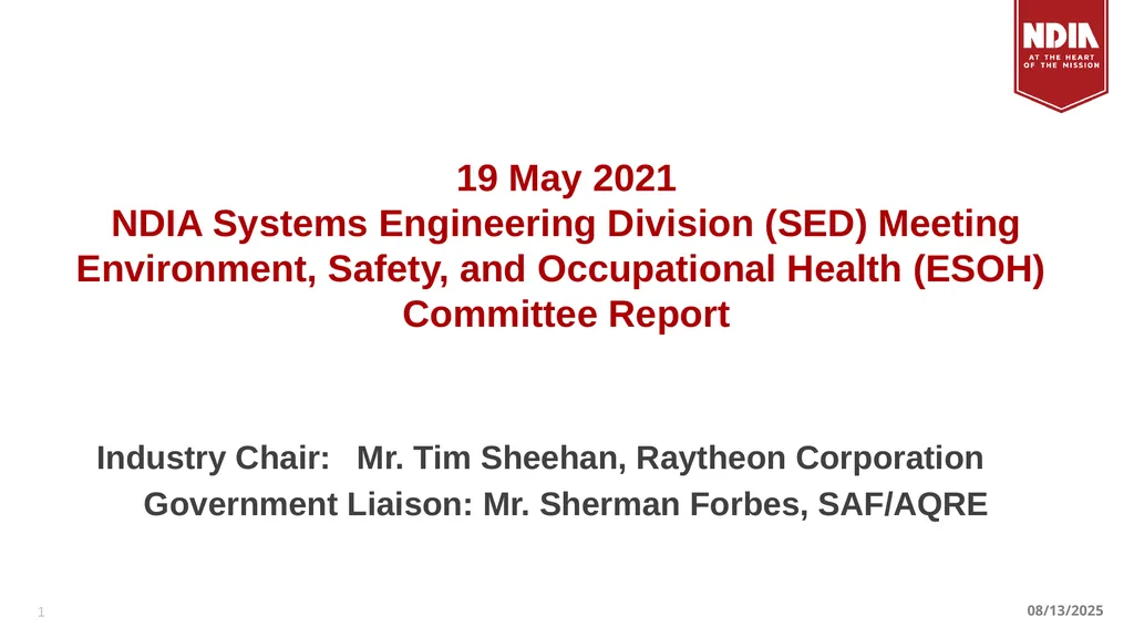 19 May 2021 NDIA Systems Engineering Division - slide 1 of 6