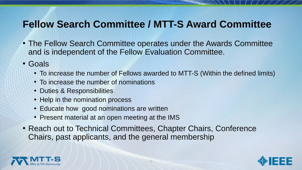 Fellow Search Committee / MTT-S Award Committee - slide 1 of 34