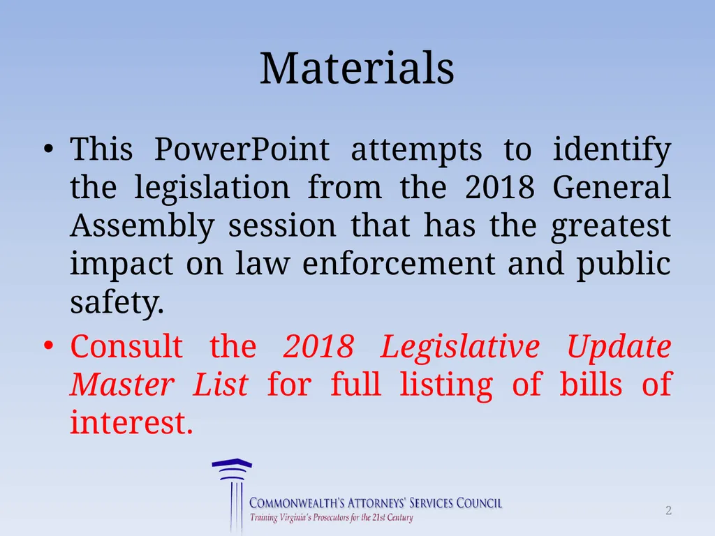 Virginia Legislative Update 2018 for Law - slide 2 of 152