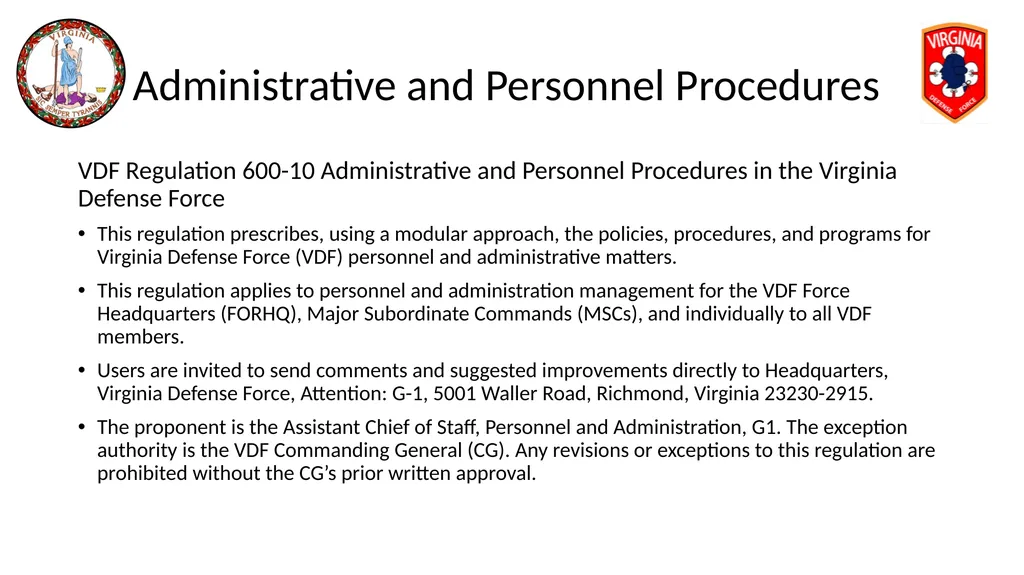 VIRGINIA DEFENSE FORCE Administration, Personnel - slide 2 of 116