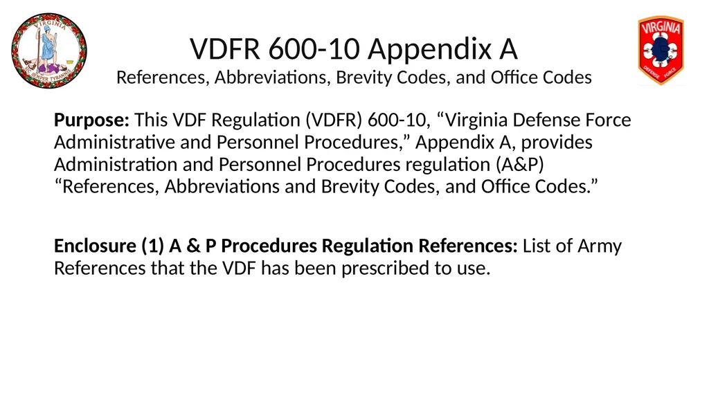 VIRGINIA DEFENSE FORCE Administration, Personnel - slide 7 of 116