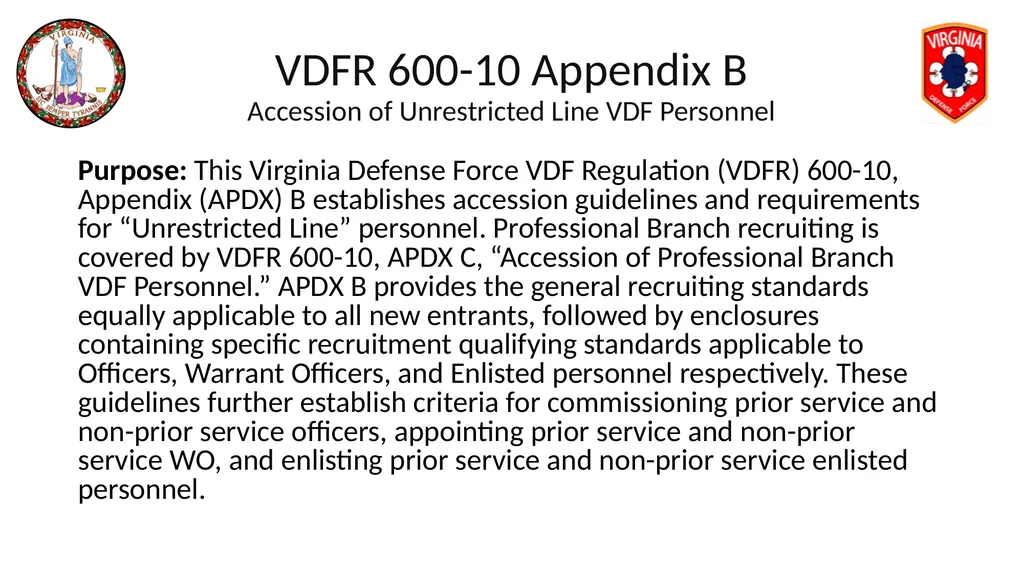 VIRGINIA DEFENSE FORCE Administration, Personnel - slide 10 of 116
