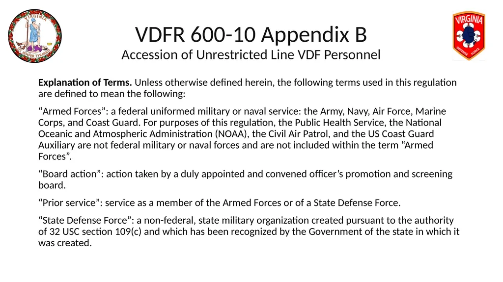 VIRGINIA DEFENSE FORCE Administration, Personnel - slide 11 of 116