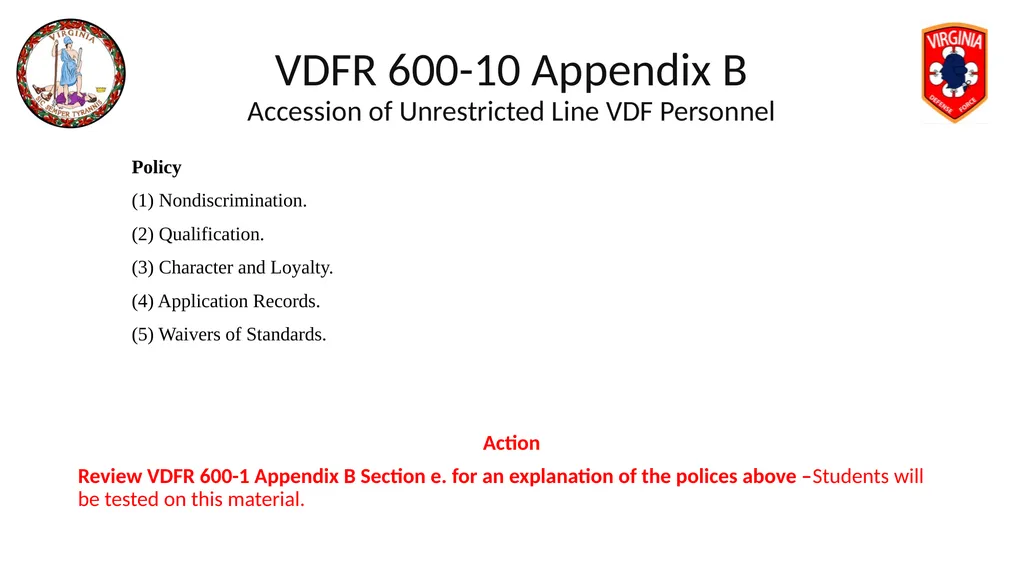 VIRGINIA DEFENSE FORCE Administration, Personnel - slide 12 of 116