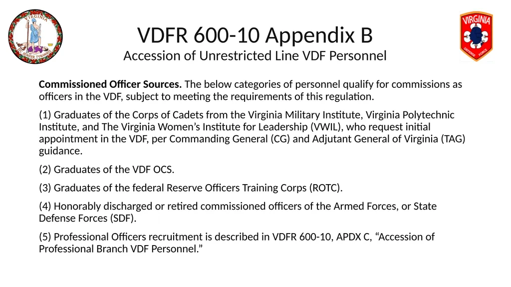 VIRGINIA DEFENSE FORCE Administration, Personnel - slide 13 of 116