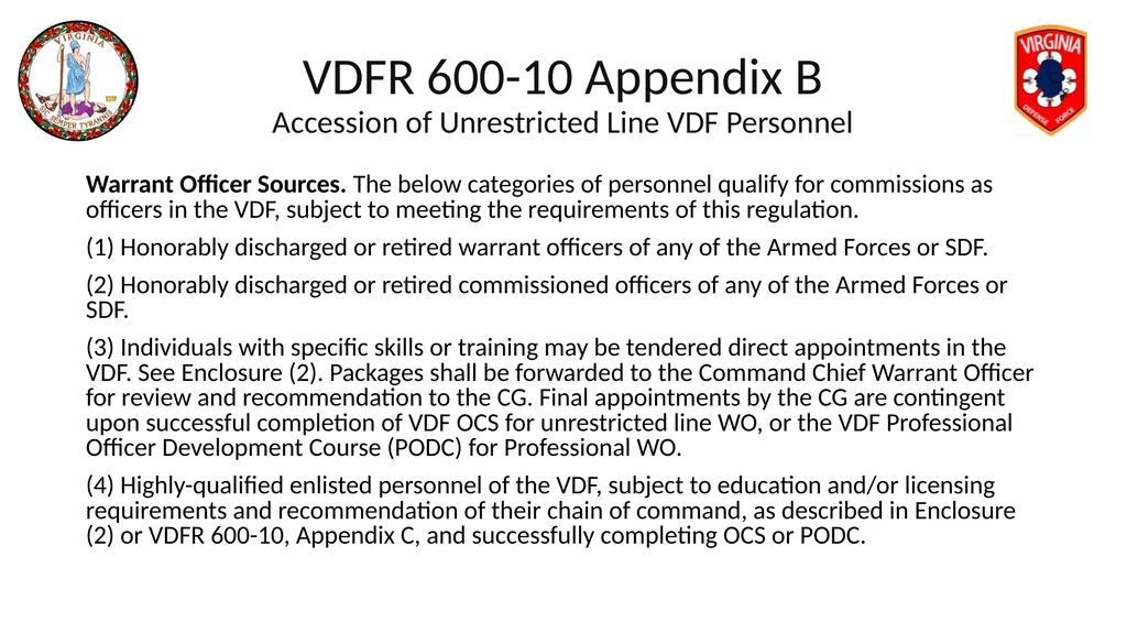 VIRGINIA DEFENSE FORCE Administration, Personnel - slide 14 of 116
