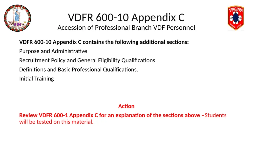 VIRGINIA DEFENSE FORCE Administration, Personnel - slide 19 of 116