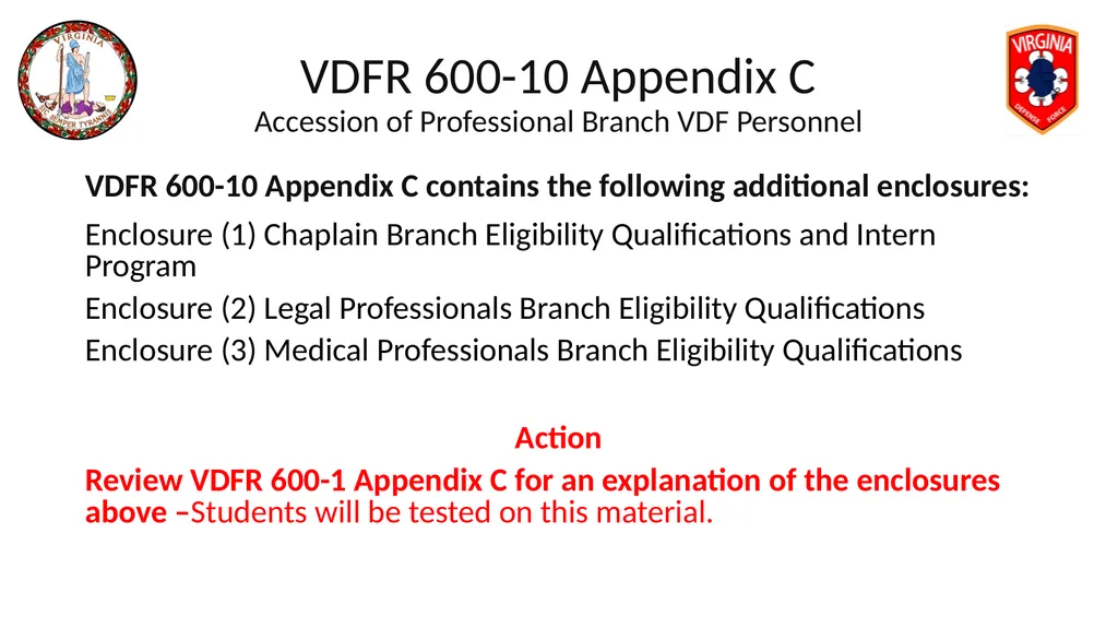VIRGINIA DEFENSE FORCE Administration, Personnel - slide 20 of 116