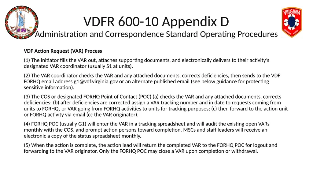 VIRGINIA DEFENSE FORCE Administration, Personnel - slide 23 of 116