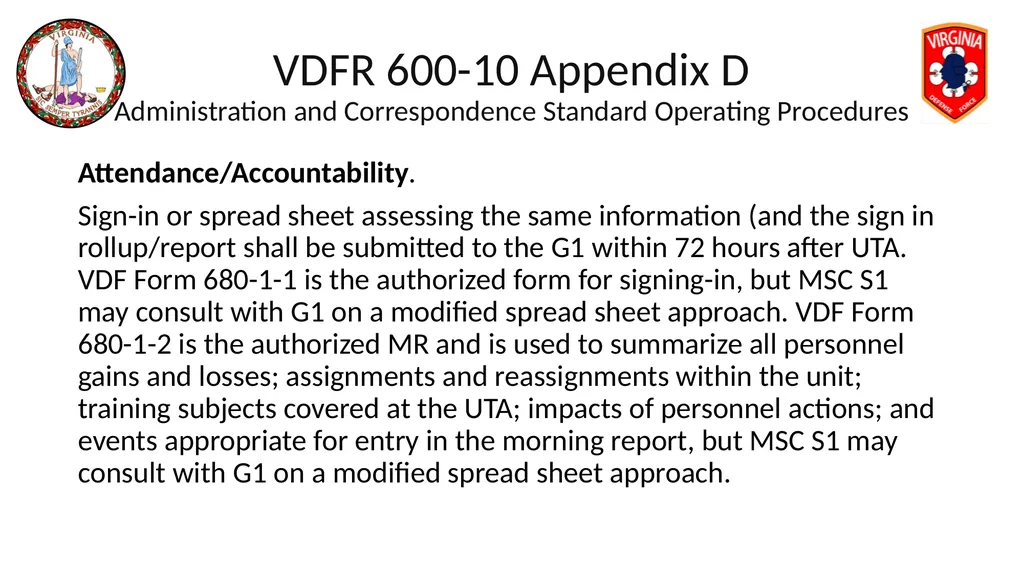 VIRGINIA DEFENSE FORCE Administration, Personnel - slide 26 of 116