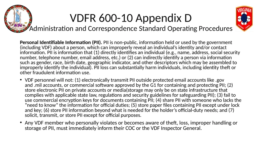 VIRGINIA DEFENSE FORCE Administration, Personnel - slide 33 of 116