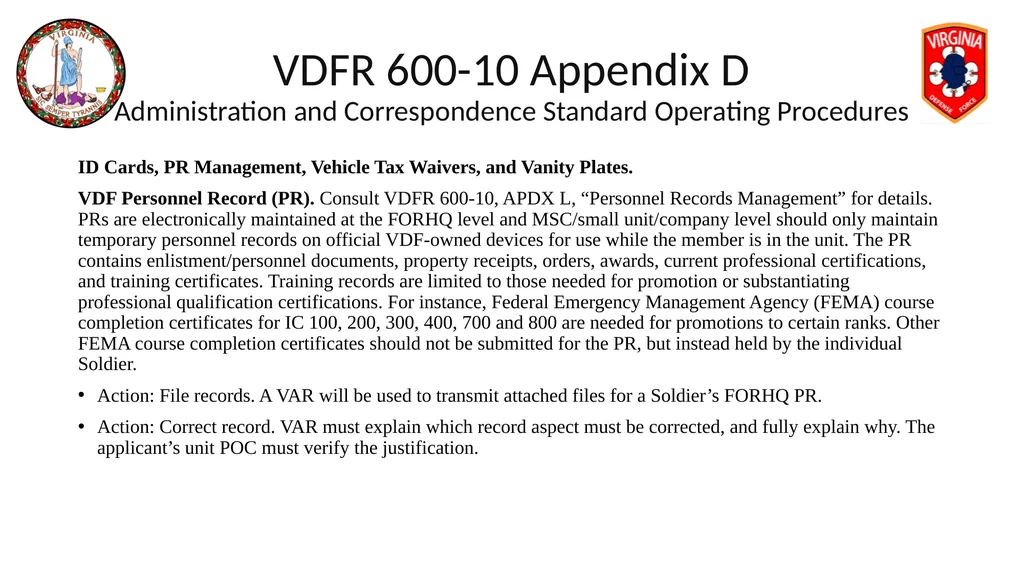 VIRGINIA DEFENSE FORCE Administration, Personnel - slide 35 of 116