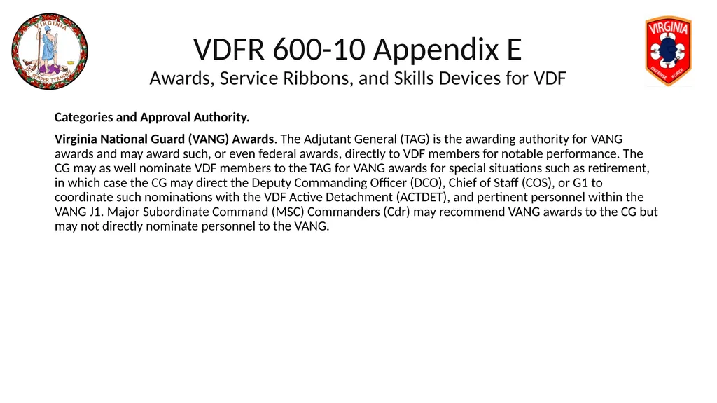 VIRGINIA DEFENSE FORCE Administration, Personnel - slide 50 of 116