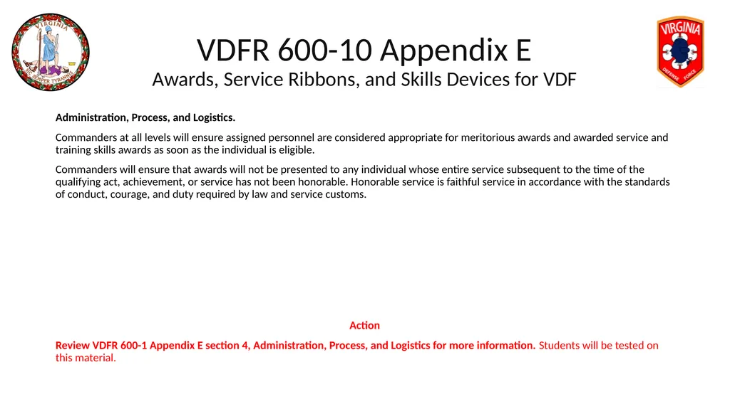 VIRGINIA DEFENSE FORCE Administration, Personnel - slide 58 of 116