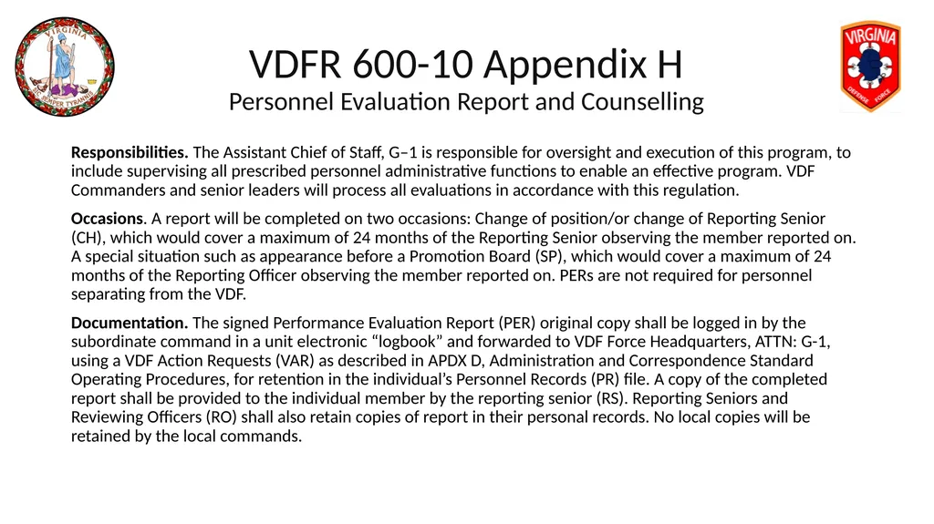 VIRGINIA DEFENSE FORCE Administration, Personnel - slide 65 of 116