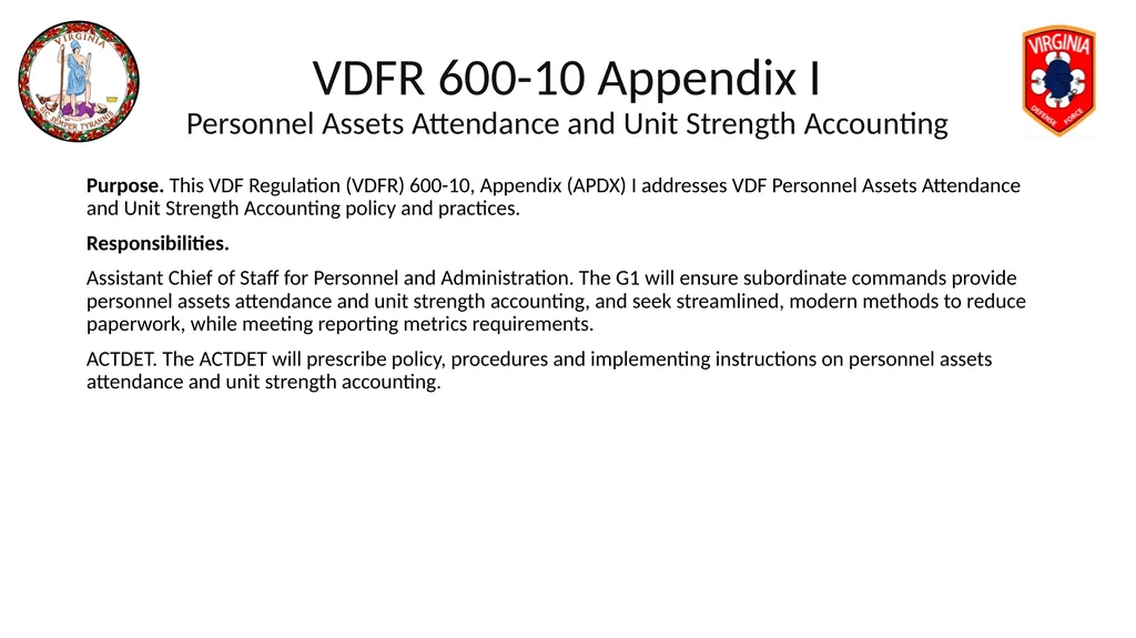 VIRGINIA DEFENSE FORCE Administration, Personnel - slide 73 of 116