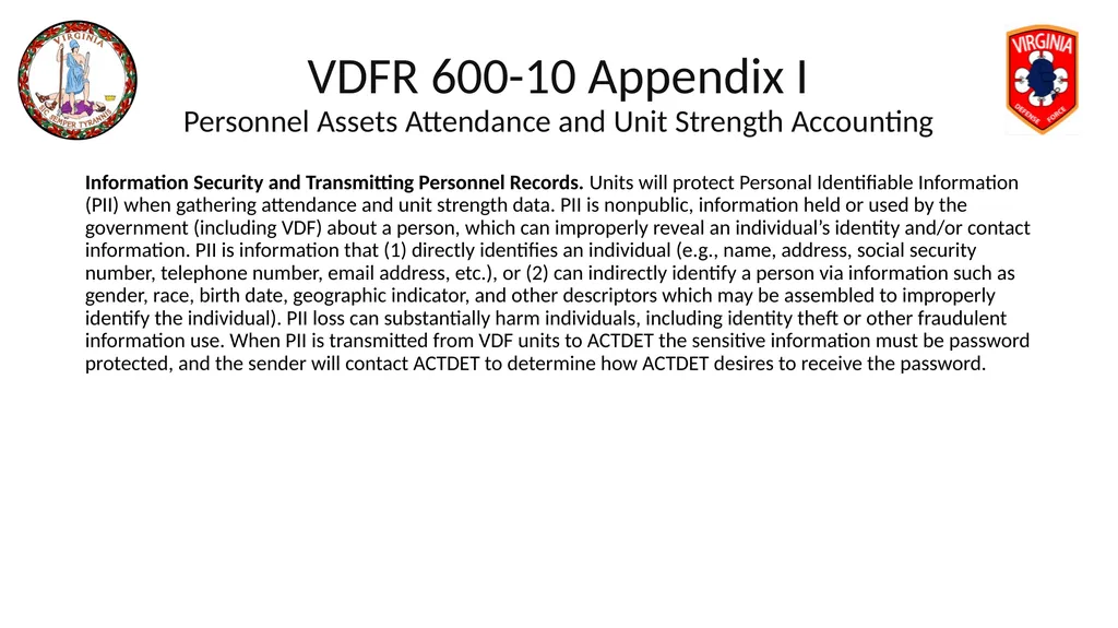VIRGINIA DEFENSE FORCE Administration, Personnel - slide 75 of 116