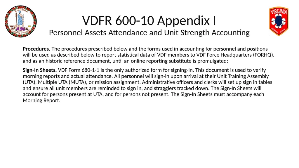VIRGINIA DEFENSE FORCE Administration, Personnel - slide 76 of 116