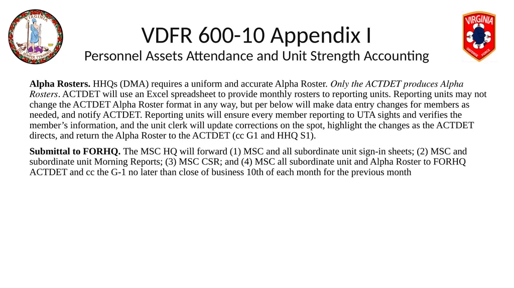 VIRGINIA DEFENSE FORCE Administration, Personnel - slide 83 of 116