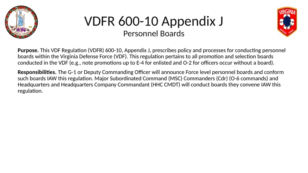 VIRGINIA DEFENSE FORCE Administration, Personnel - slide 84 of 116