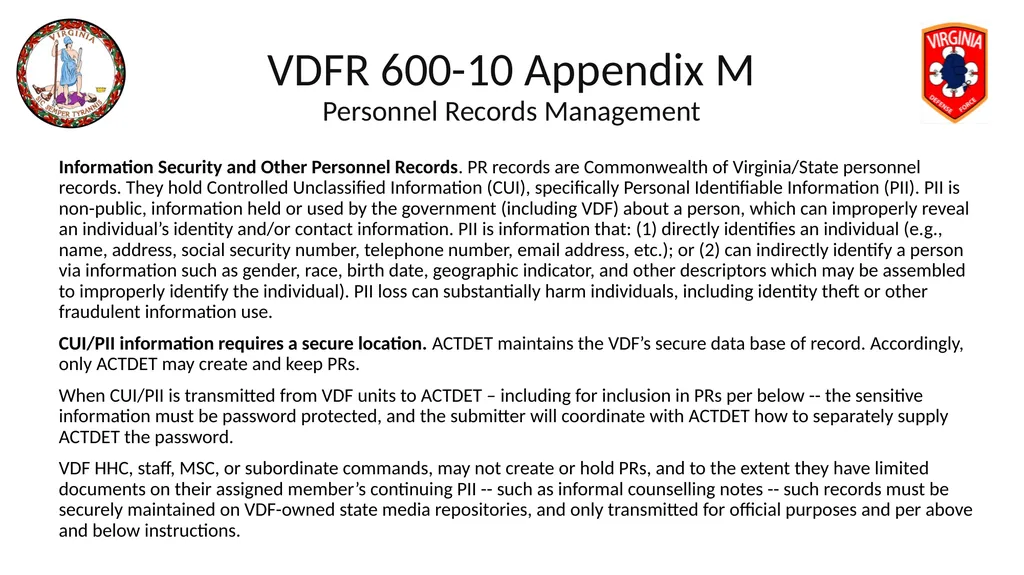 VIRGINIA DEFENSE FORCE Administration, Personnel - slide 92 of 116