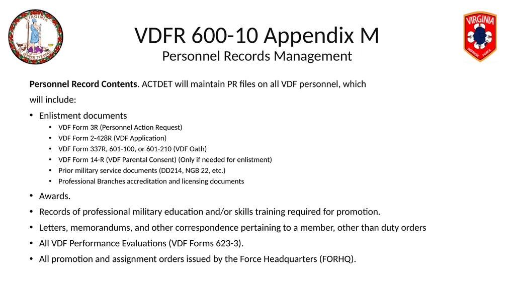 VIRGINIA DEFENSE FORCE Administration, Personnel - slide 93 of 116