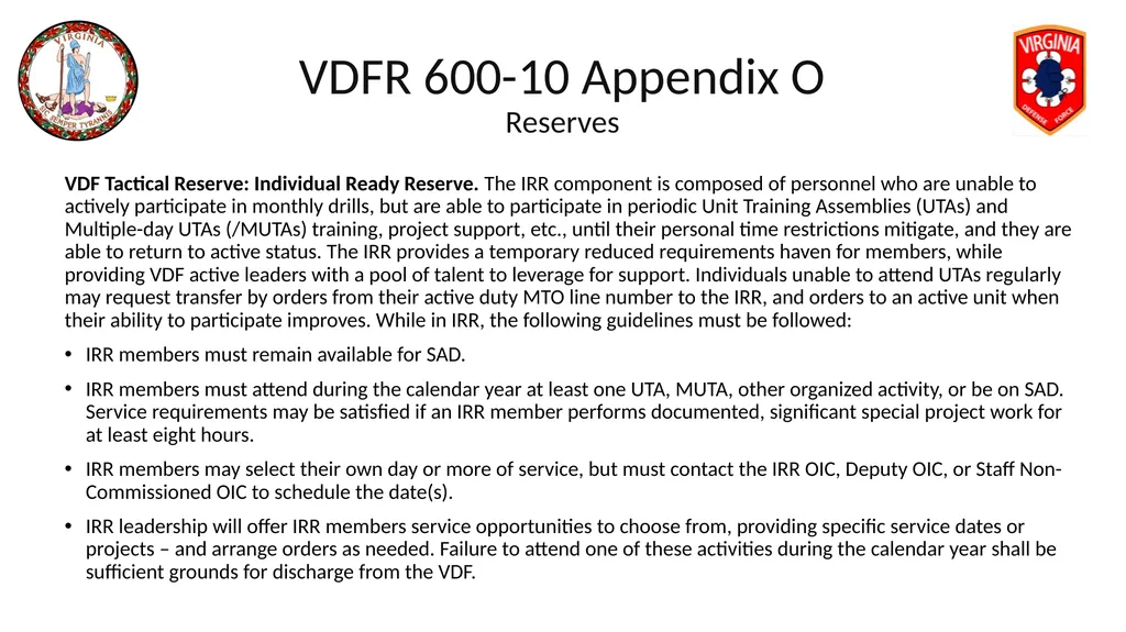 VIRGINIA DEFENSE FORCE Administration, Personnel - slide 100 of 116