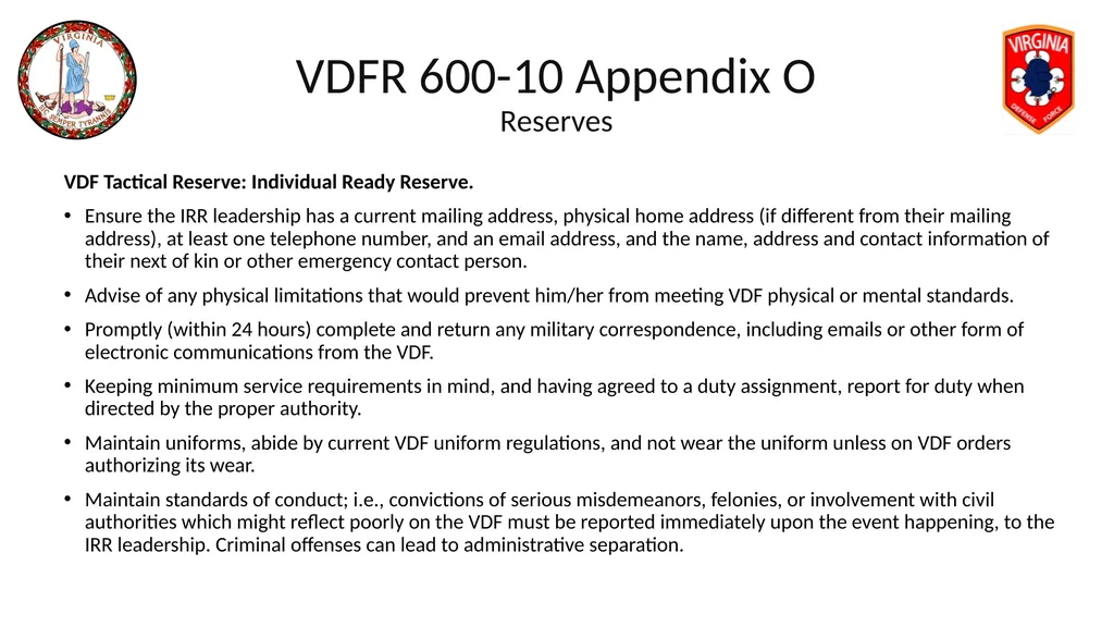 VIRGINIA DEFENSE FORCE Administration, Personnel - slide 101 of 116