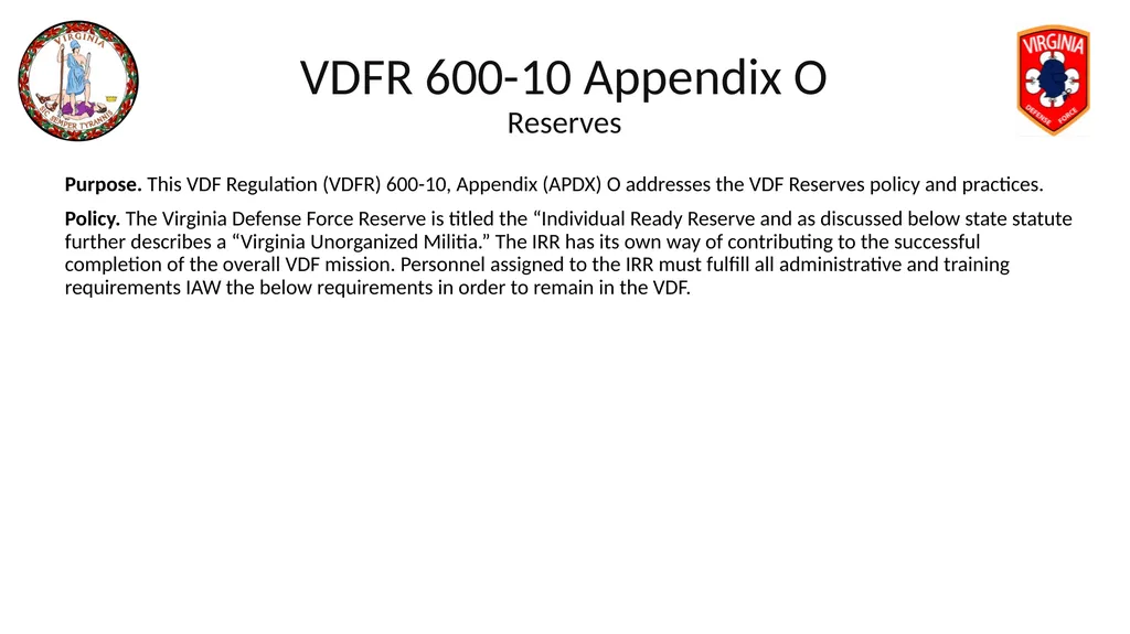 VIRGINIA DEFENSE FORCE Administration, Personnel - slide 99 of 116