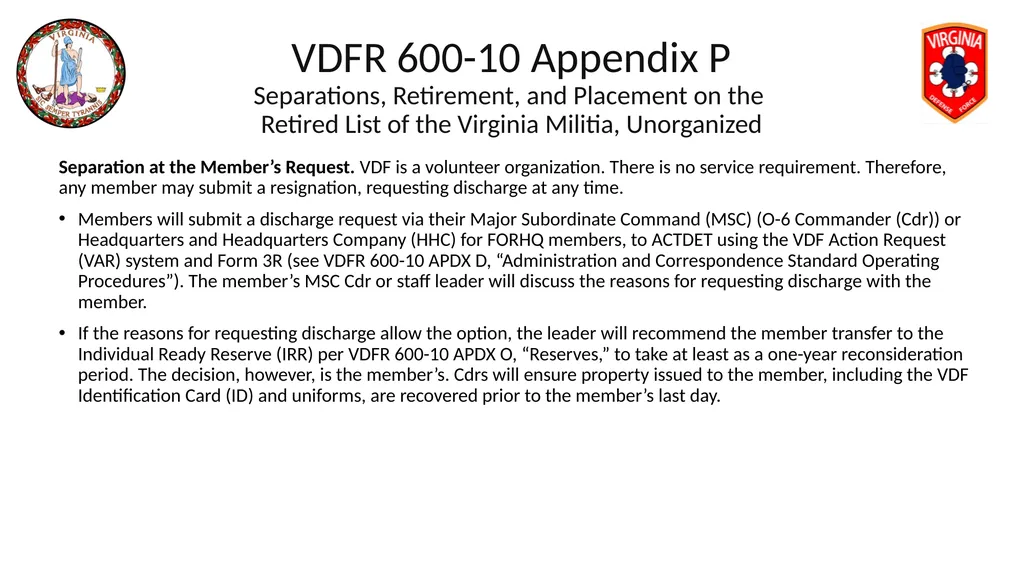 VIRGINIA DEFENSE FORCE Administration, Personnel - slide 104 of 116