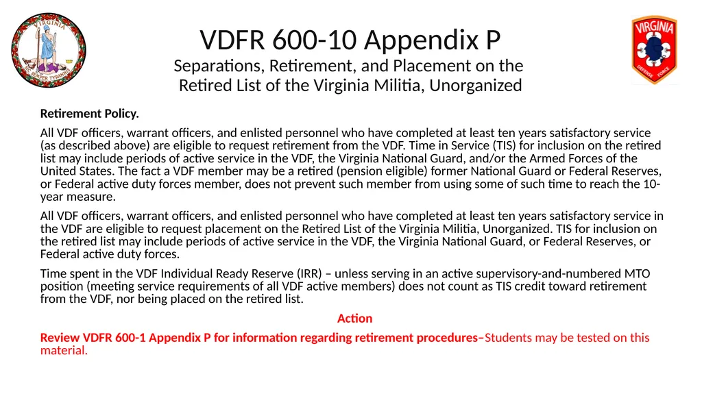 VIRGINIA DEFENSE FORCE Administration, Personnel - slide 108 of 116