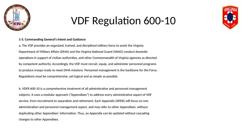 VIRGINIA DEFENSE FORCE Administration, Personnel - slide 4 of 116