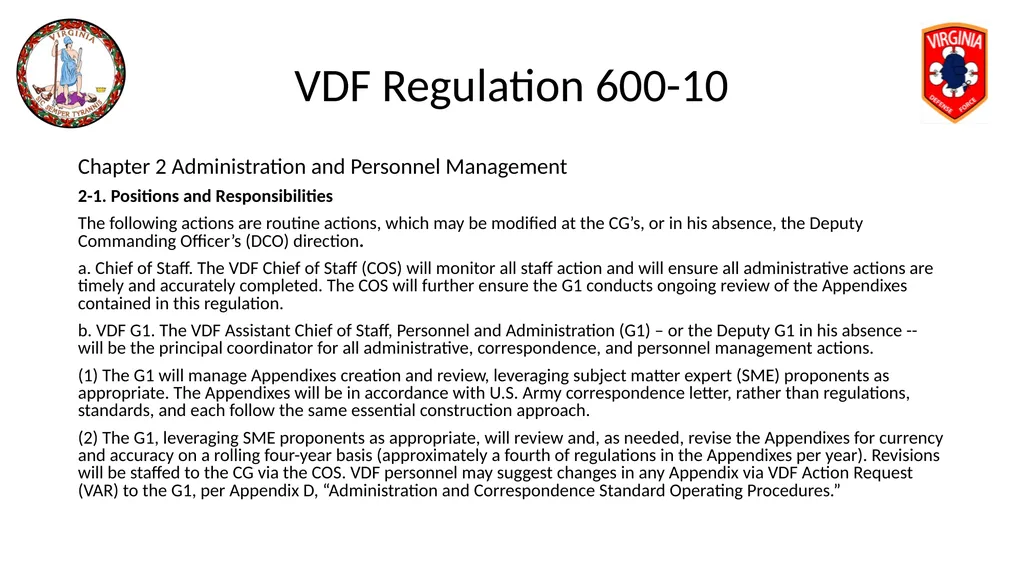 VIRGINIA DEFENSE FORCE Administration, Personnel - slide 5 of 116