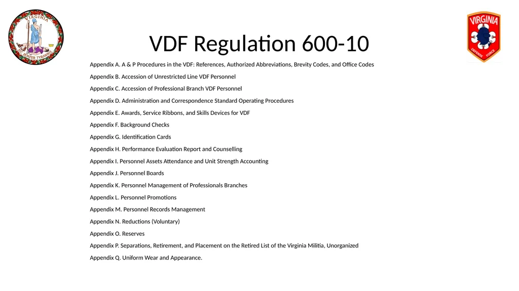 VIRGINIA DEFENSE FORCE Administration, Personnel - slide 6 of 116