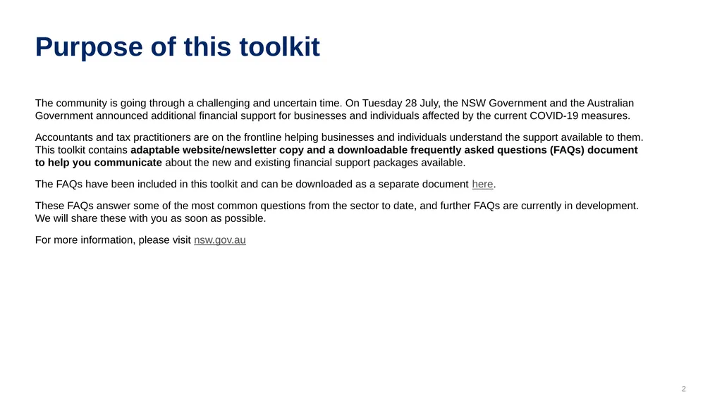 Update: COVID-19 support packages Communication - slide 2 of 7
