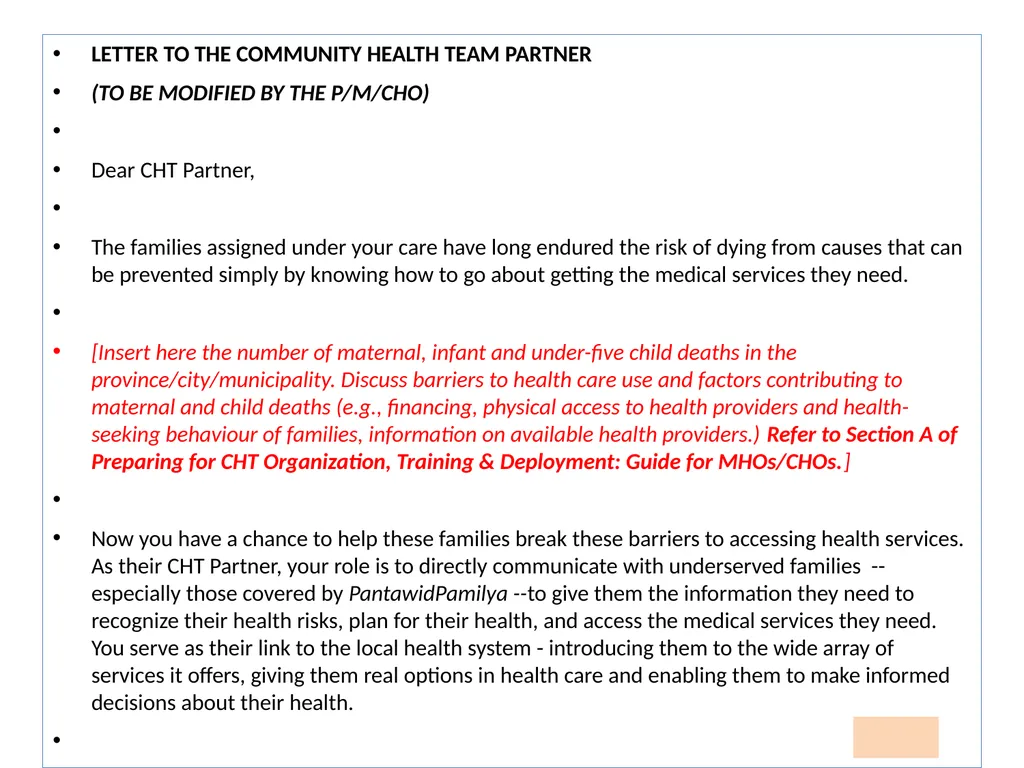 MHO/ CHO Guide For Training, Deployment and - slide 12 of 44