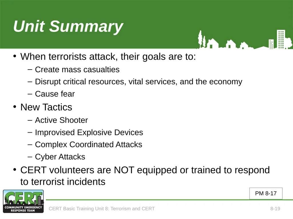 CERT Basic Training Terrorism and CERT CERT Basic - slide 21 of 22