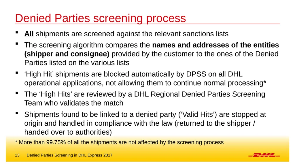 Denied parties screening DHL Express – Excellence. - slide 13 of 18