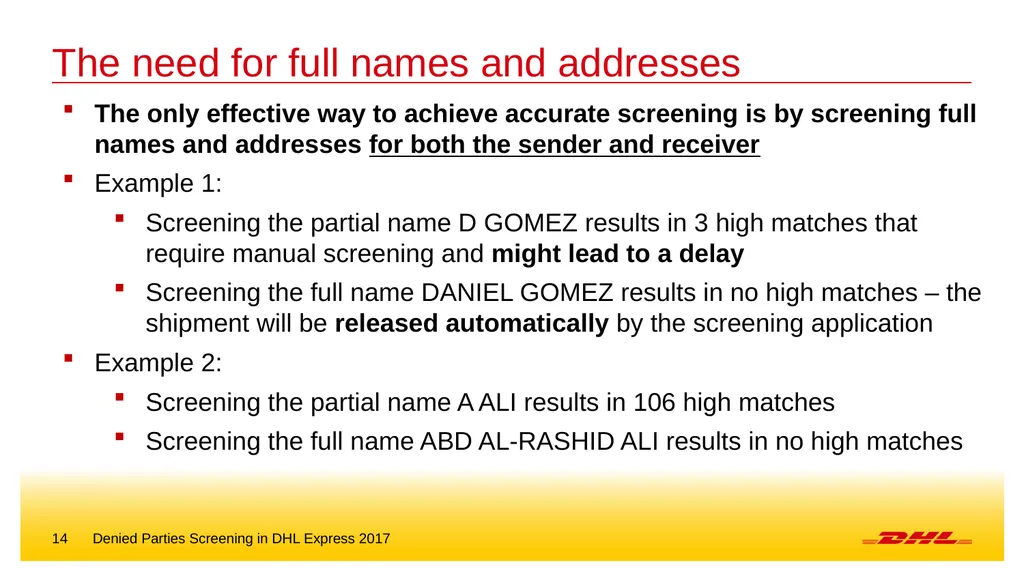 Denied parties screening DHL Express – Excellence. - slide 14 of 18