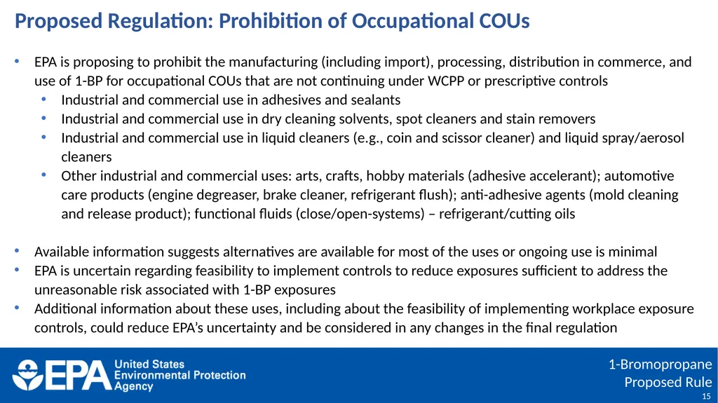 1-Bromopropane (1-BP) Proposed Rulemaking Under - slide 15 of 27