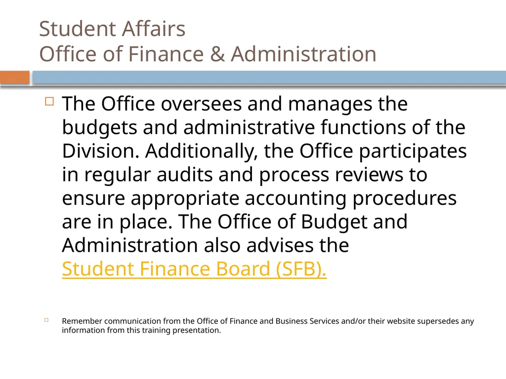 STUDENT affairs FINANCE & ADMINISTRATION Finance - slide 2 of 20